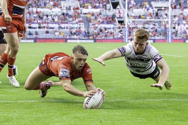 Mikey Lewis touches down in the 2022 Magic Weekend derby. (Photo: Allan McKenzie/SWpix.com)