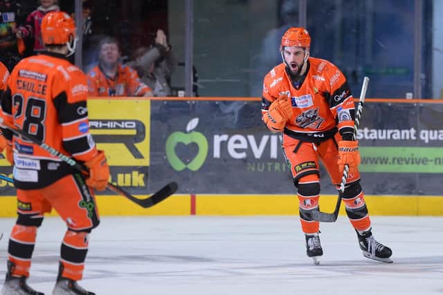 WAY TO GO: Sheffield Steelers' Brandon McNally celebrates his goal to make it 3-1 against Coventry Blaze in the third period at the Utilita Arena on Sunday.  Picture courtesy of Dean Woolley/Steelers Media/EIHL