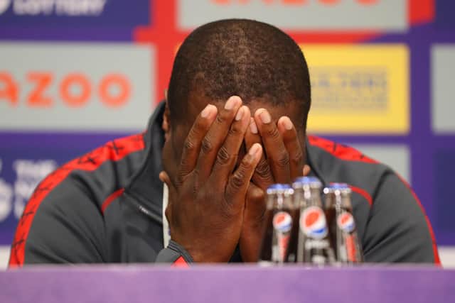 Craig Richards shows his emotions during the post-match press conference. (Photo by Charlotte Tattersall/Getty Images for RLWC)