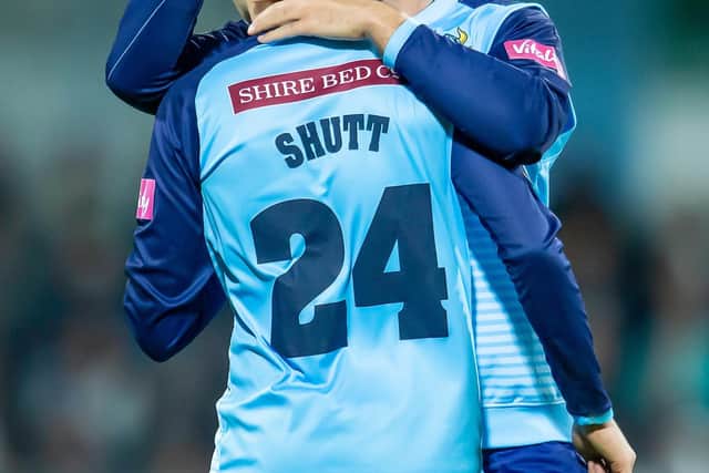 Will Fraine and Jack Shutt celebrate Yorkshire's T20 win against Northants at Headingley in 2019. Photo by Allan McKenzie/SWpix.com