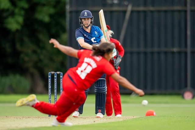 Picture by Allan McKenzie/SWpix.com - 11/07/2023 - Cricket - The Rachael Heyhoe Flint Trophy - Northern Diamonds v Thunder - York Cricket Club, York, England - The Diamond's Katie Levick looks on after playing a shot past Thunder's Deandra Dottin.