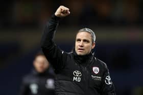 OXFORD, ENGLAND - FEBRUARY 01: Michael Duff, Manager of Barnsley, celebrates following the team's victory after the Sky Bet League One between Oxford United and Barnsley at Kassam Stadium on February 01, 2023 in Oxford, England. (Photo by Richard Heathcote/Getty Images)