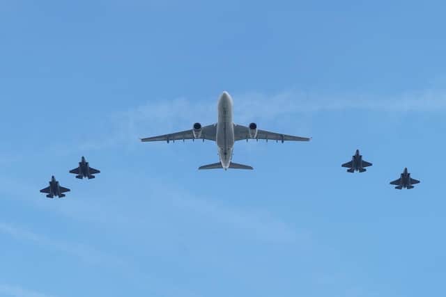Military aircraft take part in a flypast. (Pic credit: Dominic Lipinski / PA Wire)
