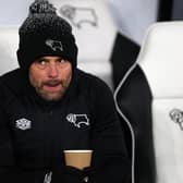 DERBY, ENGLAND - FEBRUARY 14:  Derby County manager Paul Warne looks on during the Sky Bet League One between Derby County and Lincoln City at Pride Park Stadium on February 14, 2023 in Derby, England. (Photo by Mark Thompson/Getty Images)