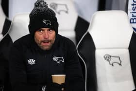 DERBY, ENGLAND - FEBRUARY 14:  Derby County manager Paul Warne looks on during the Sky Bet League One between Derby County and Lincoln City at Pride Park Stadium on February 14, 2023 in Derby, England. (Photo by Mark Thompson/Getty Images)