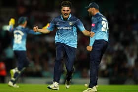 Yorkshire's Jordan Thompson celebrates victory after the final ball following the Vitality Blast T20 quarter-final match at The Oval. Picture: Mike Egerton/PA Wire.