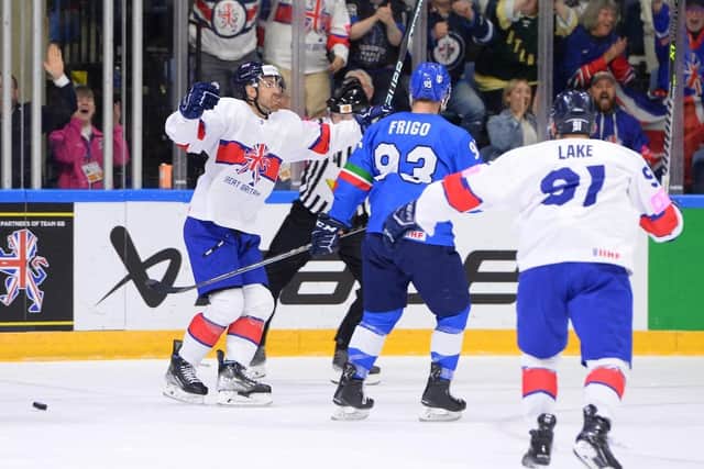 STARTING POINT: Brett Perlini celebrates scoring Great Britain's opener against Italy at Nottingham's Motorpoint Arena last night. Picture: Dean Woolley/Ice Hockey UK