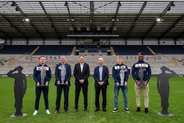 James Donaldson, of Leeds Rhinos; Rob Oates, commercial director, Leeds Rhinos; Gareth Twohey, commercial director, ACS; David Flannery, managing director, ACS, James McDonnell, of Leeds Rhinos; and Justin Sangare, of Leeds Rhinos.