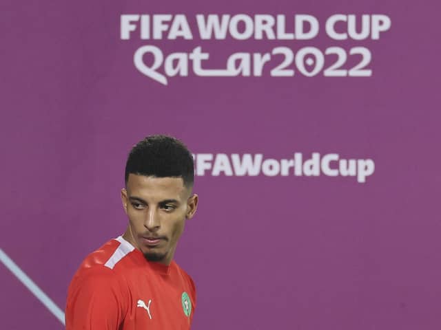 Morocco's midfielder Azzedine Ounahi takes part in a training session at the Al Duhail SC Stadium in Doha on December 13 2022, on the eve of the Qatar 2022 World Cup football semi-final match between France and Morocco. (Photo by KARIM JAAFAR / AFP) (Photo by KARIM JAAFAR/AFP via Getty Images)
