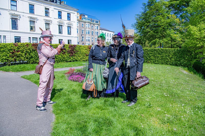Visitors to the Steampunk Weekend in Filey pose for pictures