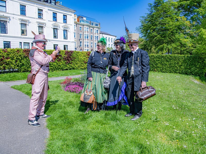 Visitors to the Steampunk Weekend in Filey pose for pictures