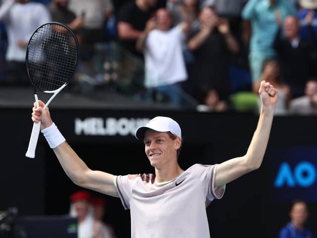 A star is born: Italy's Jannik Sinner celebrates victory against Serbia's Novak Djokovic in the semi-final of the Australian Open to secure a spot in his first grand slam final (Picture: DAVID GRAY/AFP via Getty Images)