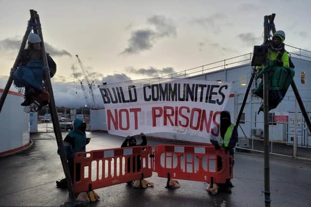 Activists blockaded the entrance to the site in East Yorkshire where the new mega prison is being built
