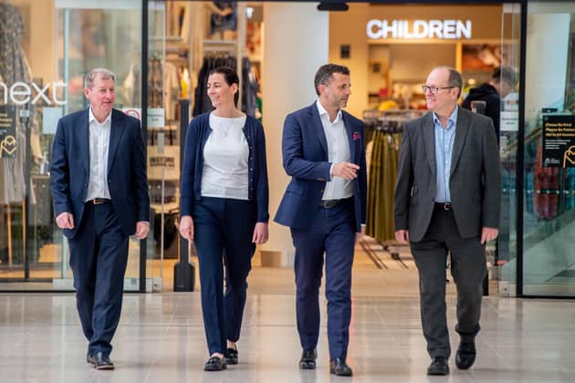 Taking a stroll through Lincoln’s Waterside Shopping Centre, from left, David Donkin of Wykeland Group; Lincolnshire Co-op’s Hayley Woodhouse; Dominic Gibbons of Wykeland; and Kevin Kendall, of Lincolnshire Co-op. Picture: John Aron