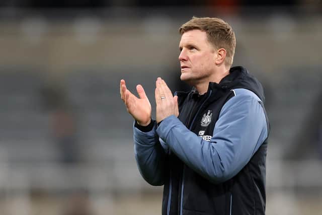 NEWCASTLE UPON TYNE, ENGLAND - FEBRUARY 04: Eddie Howe, Manager of Newcastle United, applauds the fans following the Premier League match between Newcastle United and West Ham United at St. James Park on February 04, 2023 in Newcastle upon Tyne, England. (Photo by George Wood/Getty Images)