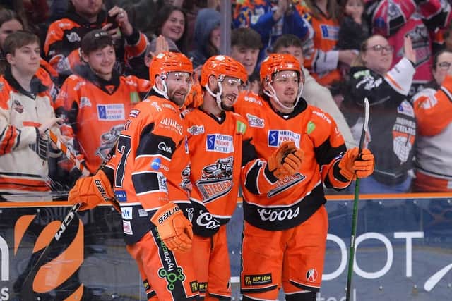 DOUBLE DELIGHT: Martin Latal (centre), pictured with Marc-Olivier Vallerand (right), scored twice for Sheffield Steelers in their 4-1 win over Coventry Blaze on Sunday. Picture courtesy of Dean Woolley/Steelers Media/EIHL