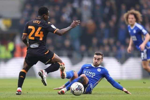 MIDFIELD BATTLE: Jean Michael Seri competes with Leicester City's Harry Winks