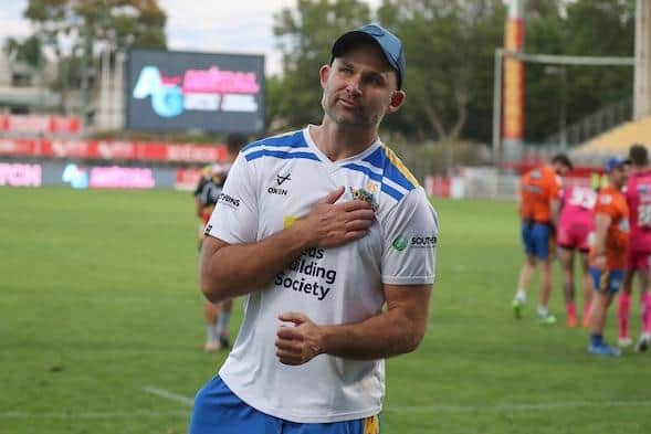 Rhinos coach Rohan Smith thanks supporters after the epic win in Catalans. (Picture by Manuel Blondeau/SWpix.com)