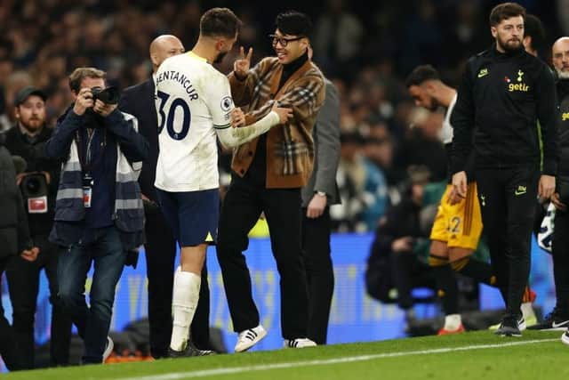 RODRIGO OF THE MATCH:  Tottenham Hotspur's Rodrigo Bentancur celebrates with the injured Son Heung-min after his two goals clinched a 4-3 win over Leeds United