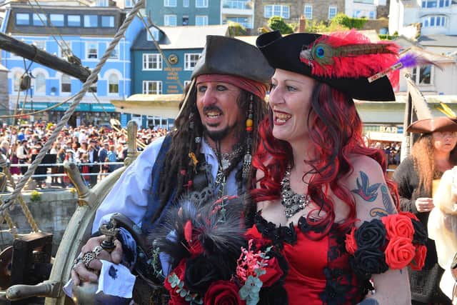 Zoe and Paul Bradshaw at their pirate themed wedding.