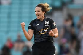 CROSSING THE DIVIDE: Kate Cross celebrates dismissing Oval Invincibles' Alice Capsey while playing for Manchester Originals in The Hundred at The Kia Oval Picture: Gareth Copley/Getty Images