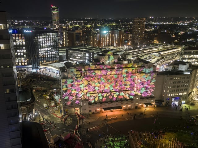 Light and sound installation Sylvan Quiet by artist Novak, is projected on to the Queens Hotel in Leeds as part of Light Night Leeds, the UK's largest annual arts and light festival. Photo credit: Danny Lawson/PA Wire