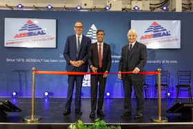 Rishi Sunak at Aesseal’s facility, with Chris Rea, right and Lord Richard Harrington. (Photo supplied by Aesseal)