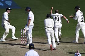 GOT HIM: New Zealand's Neil Wagner, second right, celebrates with team-mates after taking the wicket of England's James Anderson, second left, to win the second Test in Wellington by one run Picture: Andrew Cornaga/Photosport via AP