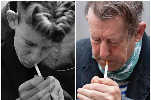 A combination picture (left) 19-year-old ‘Rag and Bone man’ George Norris lights a cigarrette as he looks for scrap in Hull 1983. And (right) nearly 40 years later ‘Rag and Bone man’ George Norris lights a cigarette at the start of the day before starting his rounds in Hull May 10, 2022.   Pictures by Russell Boyce 