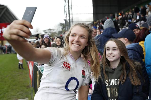 Inspiration: Zoe Aldcroft of England interacts with fans after the Women's Six Nations match between England and Wales at Twickenham Stoop on March 07, 2020 in London, England. (Picture: Luke Walker/Getty Images for Harlequins FC)