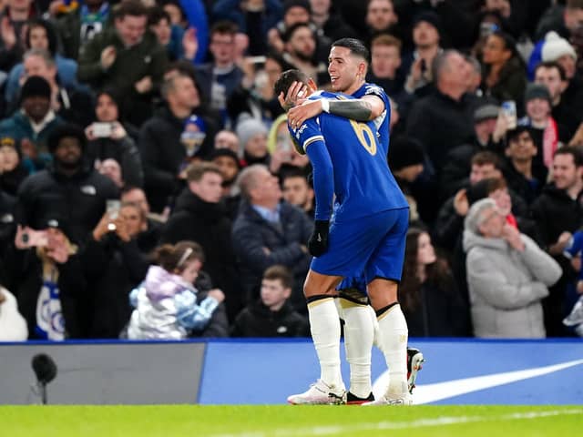 Chelsea's Enzo Fernandez (right) celebrates scoring their side's second goal of the game with team-mate Thiago Silva during the Carabao Cup semi final second leg match at Stamford Stadium, London. Picture date: Tuesday January 23, 2024. PA Photo. See PA story SOCCER Chelsea. Photo credit should read: Zac Goodwin/PA Wire.