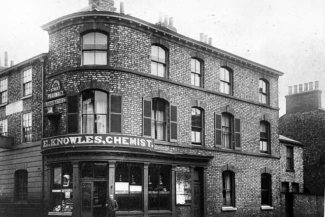 Corner of Blossom street and Nunnery Lane E Knowles chemist. Credit: Sue Major CLEMENTS HALL LOCAL HISTORY GROUP