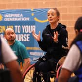 Paralympian Siobhan Fitzpatrick speaks at Bradford Girls Grammar School.