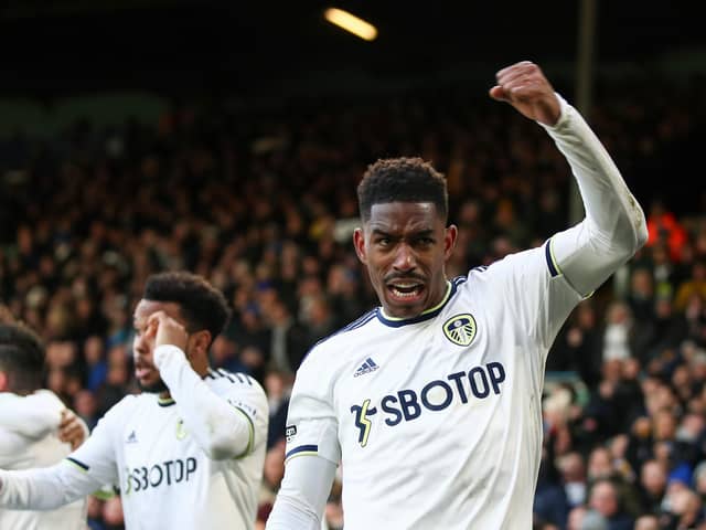 LEEDS, ENGLAND - FEBRUARY 25: Junior Firpo of Leeds United celebrates after scoring their sides first goal during the Premier League match between Leeds United and Southampton FC at Elland Road on February 25, 2023 in Leeds, England. (Photo by George Wood/Getty Images)