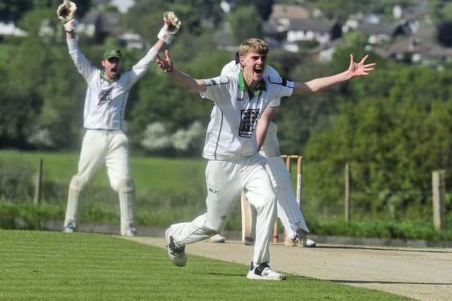 Leeds Modernians v Horsforth Aire Wharfe League Division 3  - Horsforth overseas Australian bowler Oscar Patch in fine voice with this appeal. He took 3 wickets in the 127-run win (Picture: Steve Riding)
