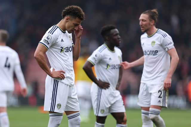 TOUGH DAY: Leeds United’s players look dejected following their defeat against Premier League rivals Bournemouth at the Vitality Stadium Picture: Steven Paston/PA