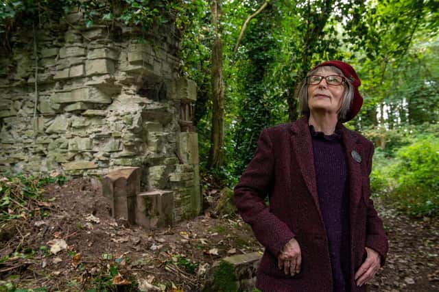 Author Frances Brody at the remains of the huge arched stone gate in the ruins of Milner Fields, Bingley where her latest novel is set. Picture: Bruce Rollinson
