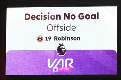 COMMUNICATION: The Bramall Lane scoreboard relays a VAR decision to disallow Vinicius Souza's goal for Sheffield United against Aston Villa in February
