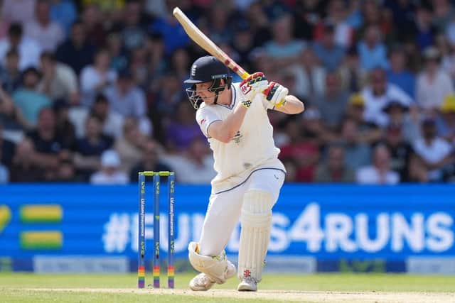 TAKE THAT: England's Harry Brookdrives through the covers in the third Ashes Series test match at Headingley in July. Picture: Danny Lawson/PA