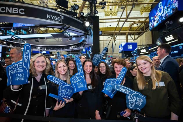 The New York Stock Exchange welcomes staff from Flutter Entertainment  in a celebration of the company's listing. (Photo by NYSE)