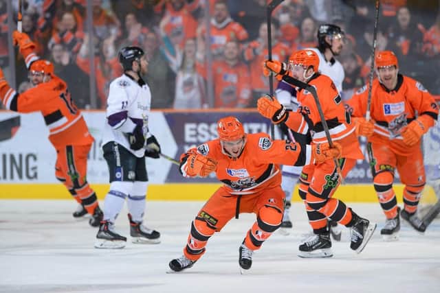 GO-AHEAD GOAL: Brett Neumann celebrates putting Sheffield Steelers 2-1 up ahead on the night and 4-3 overall against Manchester Storm. Picture courtesy of Dean Woolley/Steelers Media/EIHL.