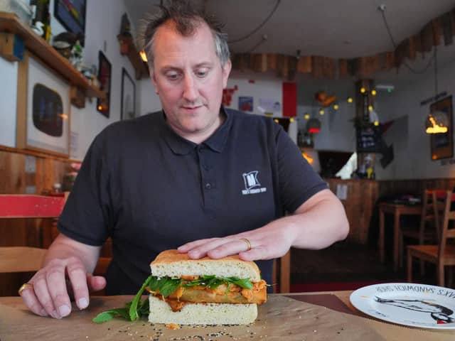 Max Halley and the That’s How We Spring Roll sandwich. Picture credit: Jonathan Brady/PA.