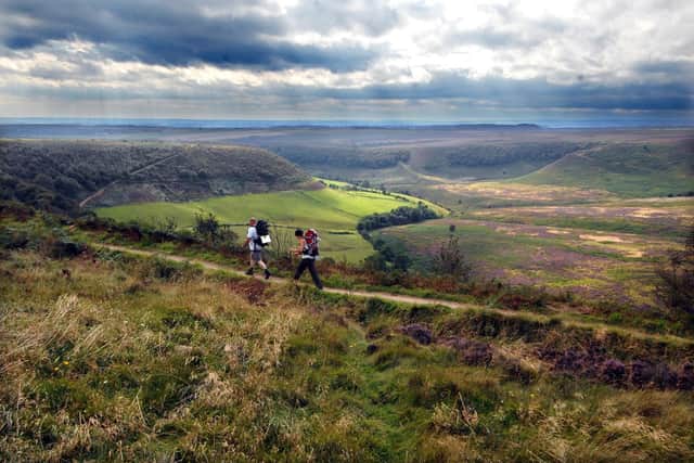 Walkers enjoy the view during their walk along the top of the Hole of Horcum, near Pickering.  Picture: Gerard Binks
