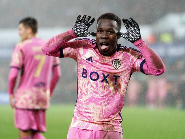 Leeds United's Wilfried Gnonto celebrates scoring their side's fourth goal of the game at Swansea (Picture: David Davies/PA Wire)