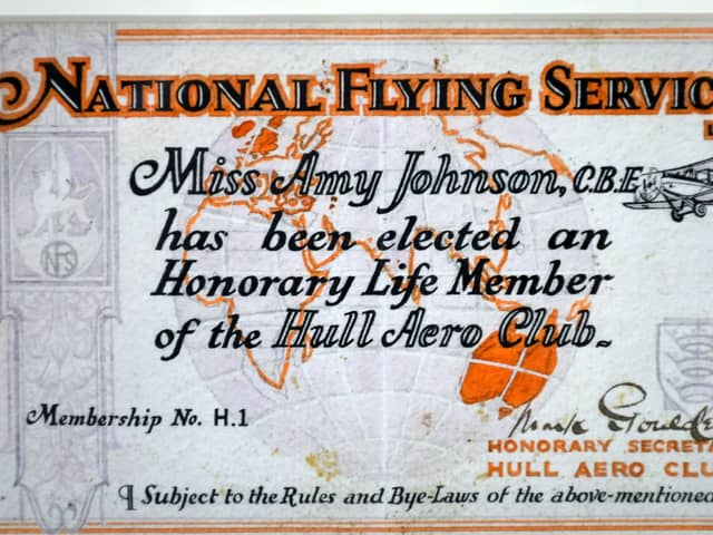 Amy Johnson's original Hull Aero Club membership certificate.