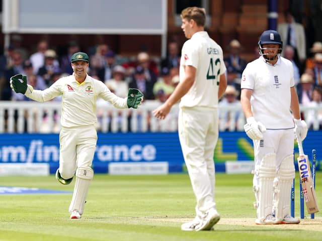 Australia's Alex Carey (left) celebrates the run out of England's Jonny Bairstow (right) during day five of the second Ashes test match at Lord's, London. Picture: Mike Egerton/PA Wire.