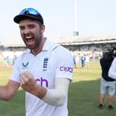 Mark Wood of England celebrates after winning the Second Test Match between Pakistan and England at Multan Cricket Stadium (Picture: Matthew Lewis/Getty Images)