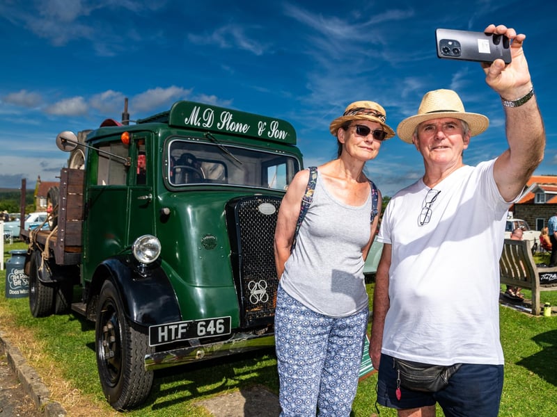 Patricia and David Graham take a selfie in front of a 1947 Fordson 7V Large Delivery Van.