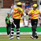 Dawid Malan congratulates D'Arcy Short on reaching his half-century for Trent Rockets against Southern Brave in The Hundred competition in 2021. The pair are now team-mates at Gloucestershire. Photo by Shaun Botterill/Getty Images