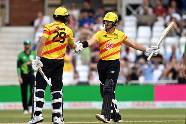 Dawid Malan congratulates D'Arcy Short on reaching his half-century for Trent Rockets against Southern Brave in The Hundred competition in 2021. The pair are now team-mates at Gloucestershire. Photo by Shaun Botterill/Getty Images